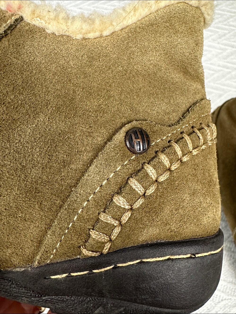Hush Puppies Suede Waterproof Ankle Boots with faux Sherpa trim olive outdoors - Picture 3 of 12